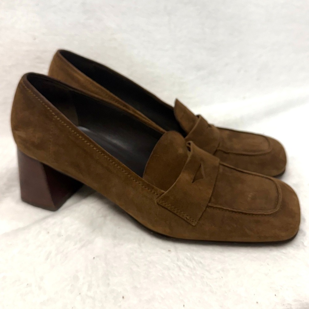 Chocolat Blu 9.5 Suede Block Heel Penny Loafers Brown Dark Academia Fall Office